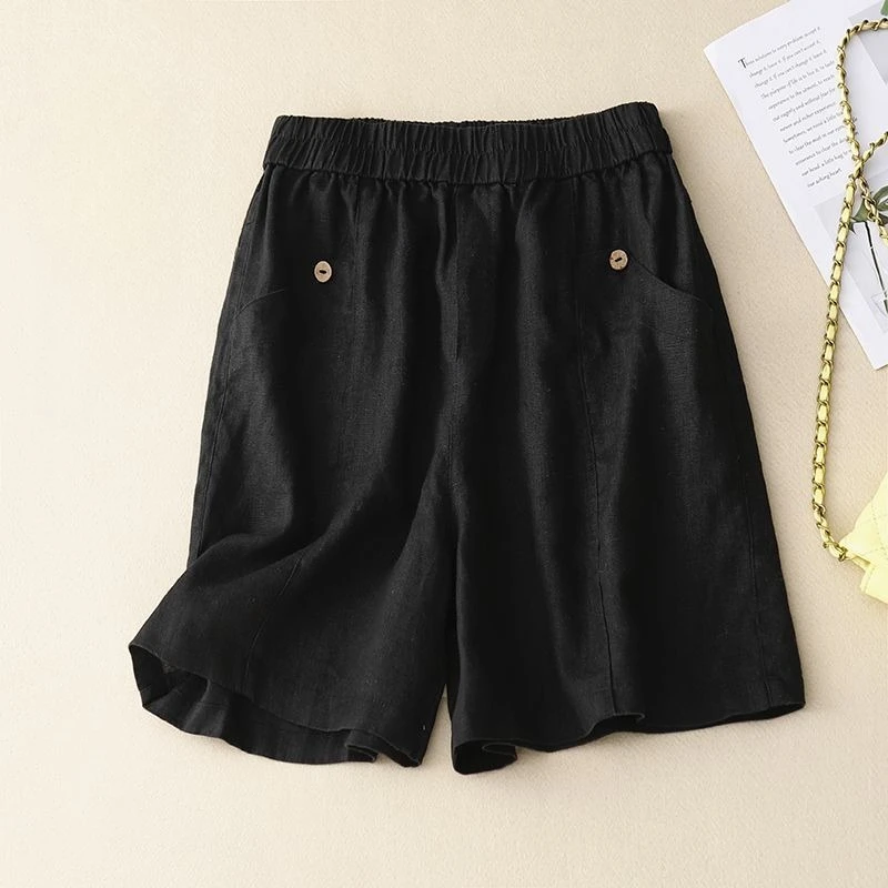 Pantalones Cortos Bermuda de Mujer 2026 de Verano, de Algodón y Lino, Elásticos, de Cintura Alta, Pierna Ancha, Sueltos, Casuales, Lisos, Transpirables, Estilo Coreano Chic Vintage