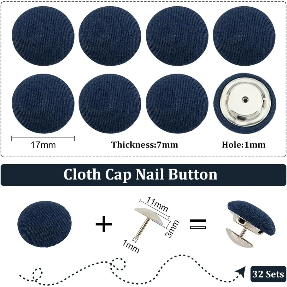 32 Sets 0.67Inch Blue Baseball Cap Button Top Replacement Hats Buttons, Prussian Blue Cloth Covered Hat Button for Hat