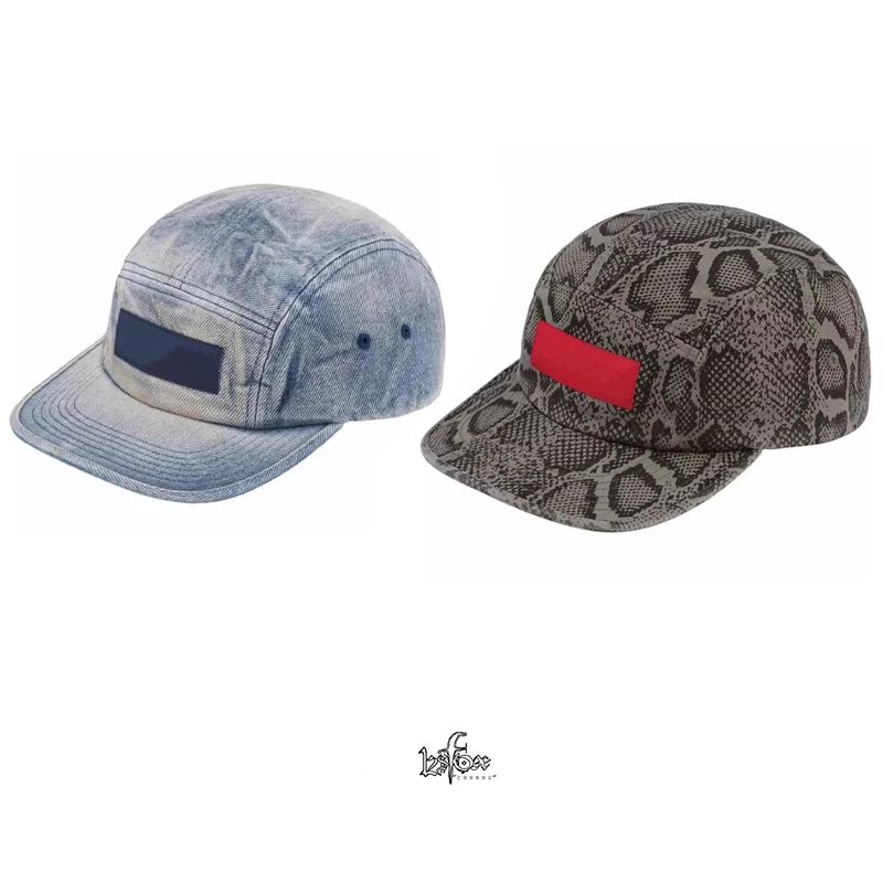 Washed Denim Ballcap with Snake Skin Pattern Embroidery Flat Brim Hat Hip Hop Style Unisex Cotton Cap for All Seasons