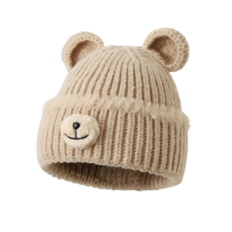 Herbst- und Wintermütze im koreanischen Stil für Frauen, Bärenohren, süße und niedliche vielseitige Wollstrickmütze, Gehörschutz, warme kalte Mütze – Detail 9