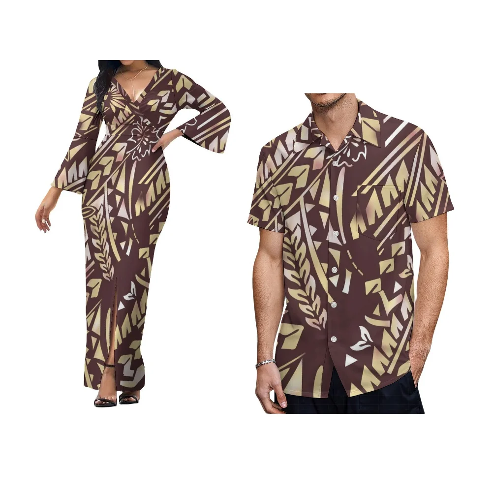 Polynesian Couple Dress Custom Banquet Dress Formal Shirt Hawaiian Island Turtle Print Custom Pattern Elegant Long Dress