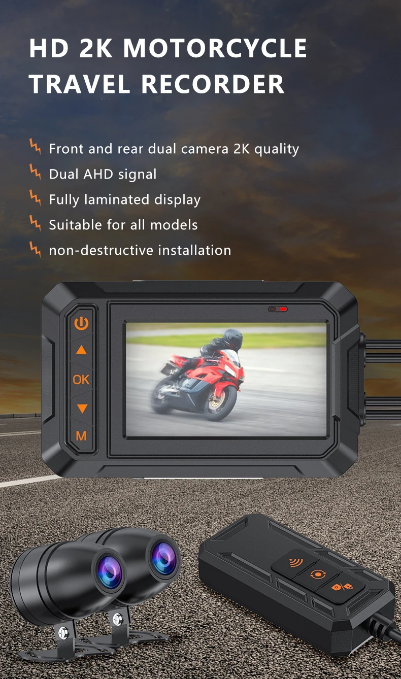 2K 3'' IPS Dual Lens Motorcycle GPS Dash Cam Waterproof IP67 Rearview Mirror Camera Loop Recording Video Feature Car Black Box