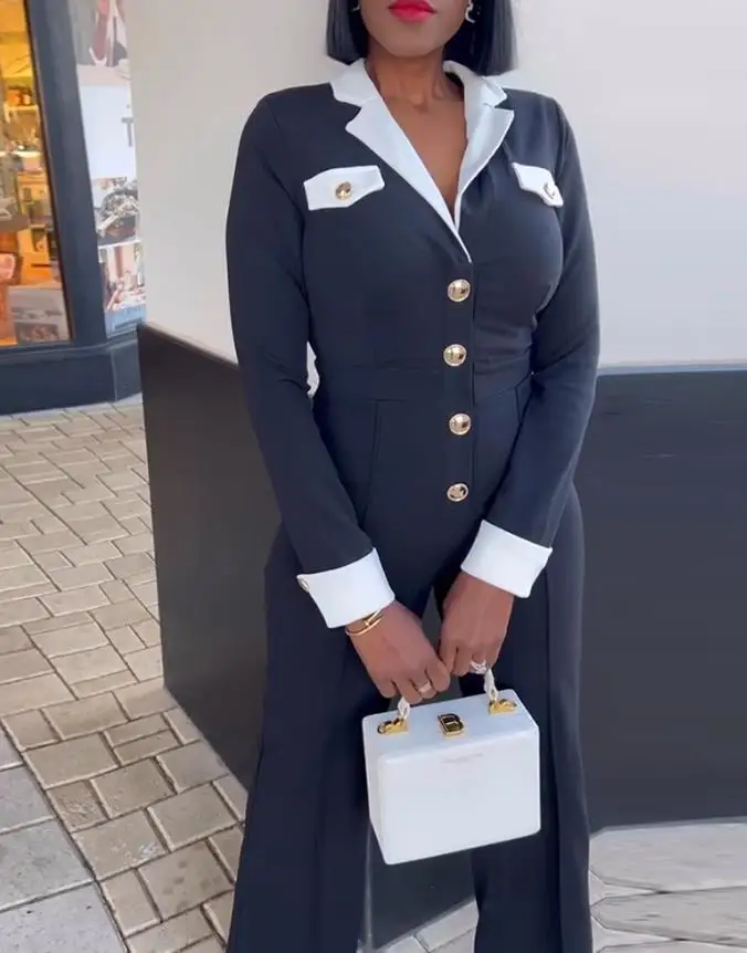 

Jumpsuit Women 2025 Spring New Colorblock Long Sleeve Jumpsuit with Turn-Down Collar Casual Metal Button Details Wide Leg Romper