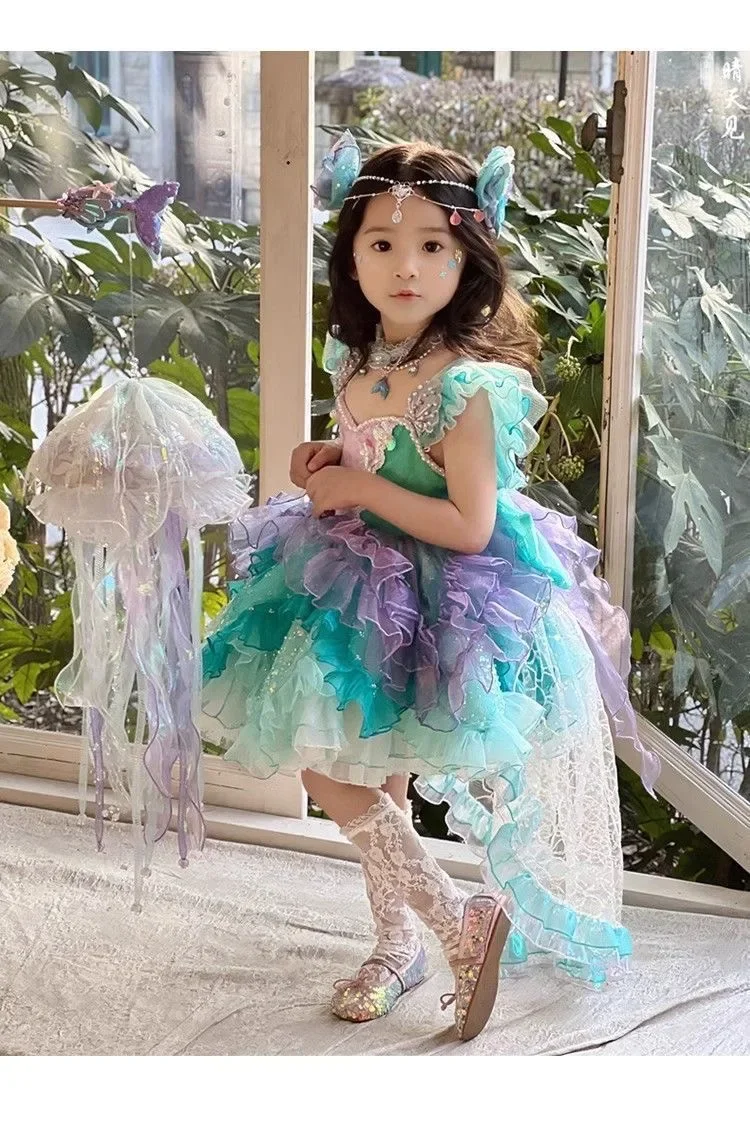 Abito da principessa per ragazze, scollo a cuore, maniche a sbuffo, volant, tulle a strati, paillettes, costume da spettacolo formale per feste