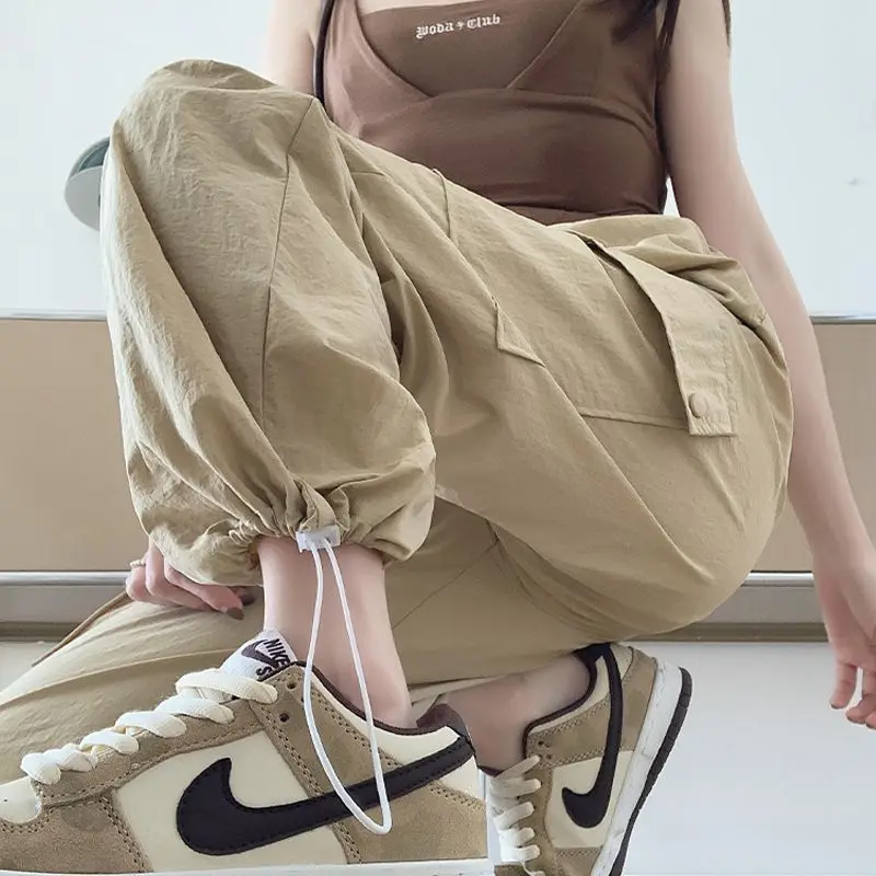 Cargo Pants Women Big Pockets Drawstring Solid Quick-drying Streetwear Casual Loose Sports Elastic Waist All-match Summer Trendy