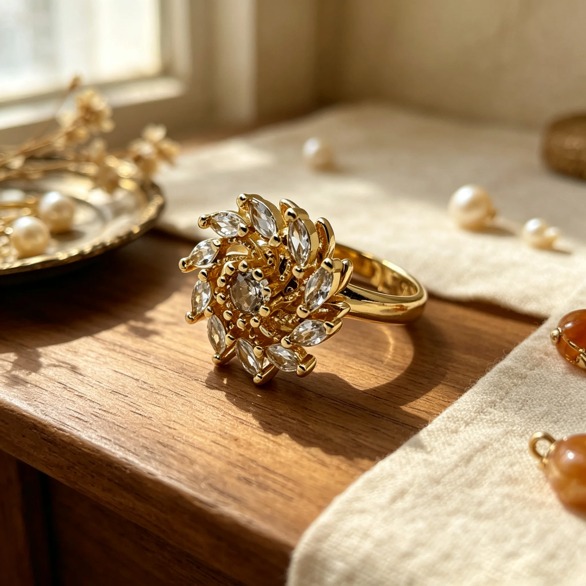 Fidget Spinner Floral Ring for Women Gold Multi Layer Flower Clear Zircon Adjustable Open Band Banquet Statement Jewelry Gift