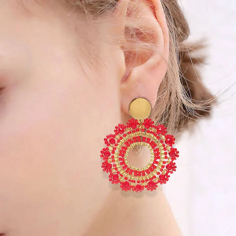 Beaded earrings Sunflower Red Originality Hollow out Hand knitting Crystal Bohemia  Geometry Roundness Simple Rice bead earrings