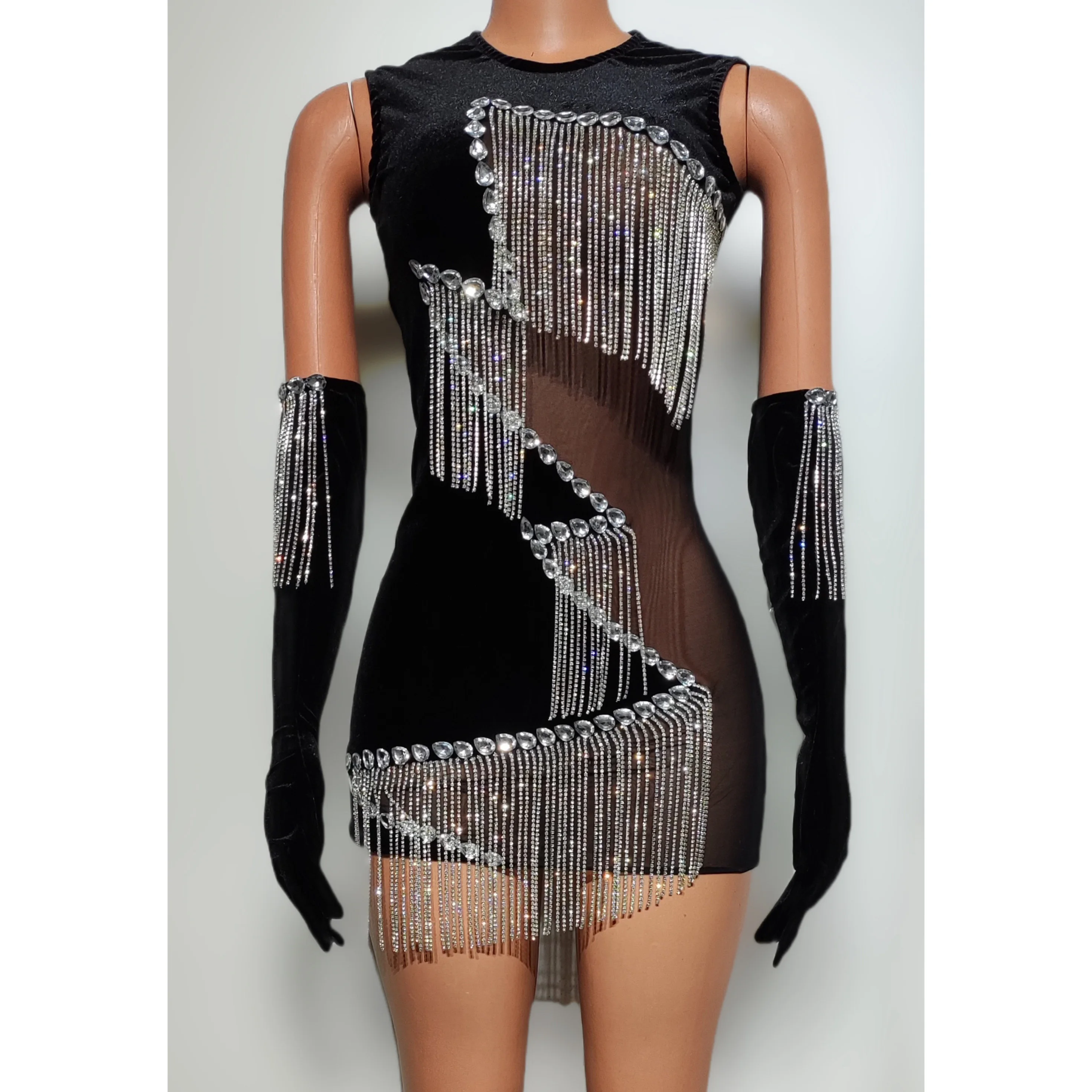 

Nightclub Bar Festival Party Female Singer DJ Leading Dance Stage Performance Dress Sexy Mesh Diamond Chain Tassel Short Skirt