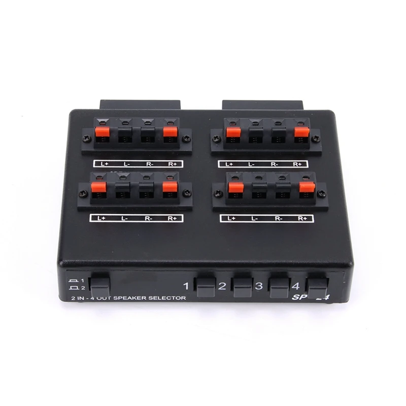 SP-24 Mini 2-IN-4-OUT Stereo Audio Selector Amplifier Switcher Box Speaker Splitter Easy Install