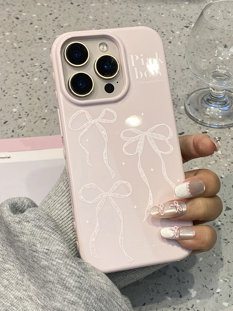 Einfache koreanische rosa Schleife glänzende Schutzhülle für iPhone 17, 16, 15, 14, 13