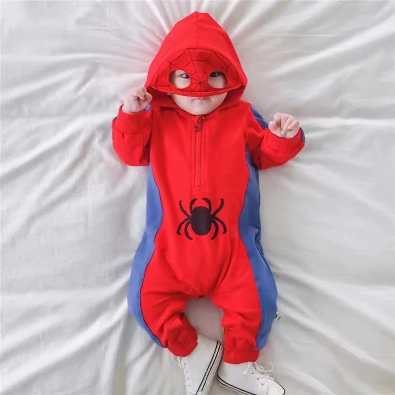 Spring Autumn Newborn Baby Boys Romper Cartoon Spider Man Infant Girls Jumpsuit Cotton Hooded Kids Outfit Long Sleeve Clothes