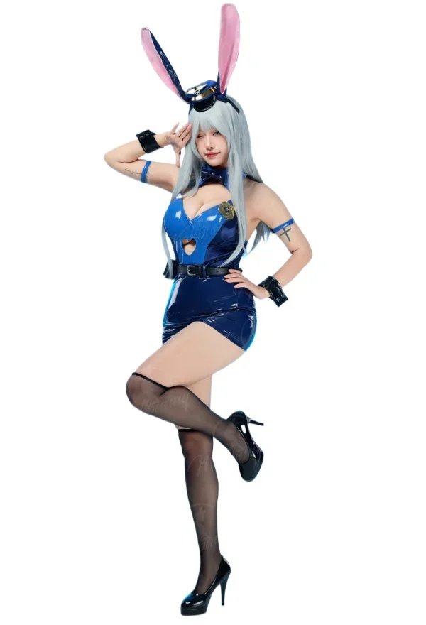 MOBBUNNY Judy Cosplay Costume Women Lingerie Bunny Girl Set Low Cut Heart Hollow Bodysuit and Skirt with Headband