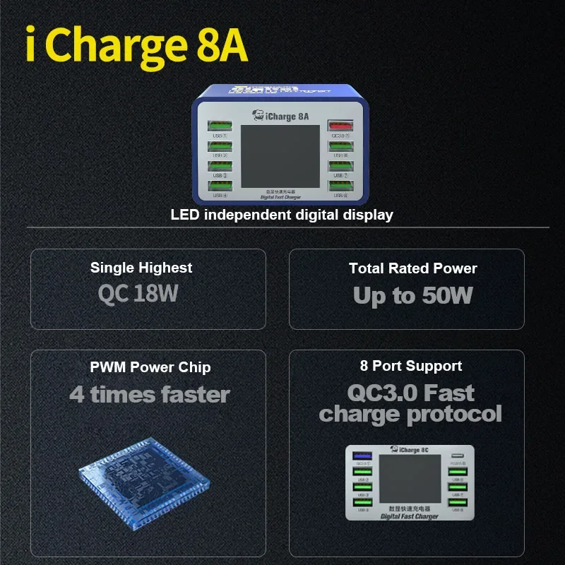 Imagem -05 - Mecânico-icharge 8a 8c Várias Portas Carregador Rápido para Celular Tablet Display Digital Inteligente Fonte de Alimentação Deskstop