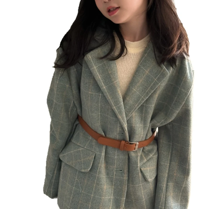 2025 Autumn Girls' New Checkered Big Collar Woolen Design Sense Suit Jacket