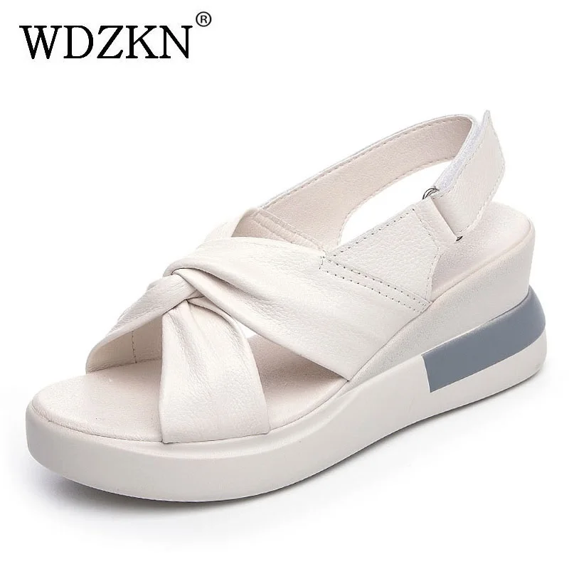 

WDZKN Women Wedges Heel Sandals Summer Cross Genuine Cow Leather Open Toe Chunky Platform Casual Sandals Women Back Strap Shoes