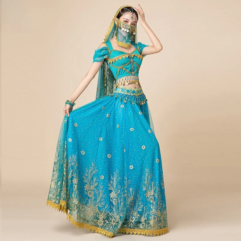Women Festival Halloween Cosplay Belly Dance Top Dress Adult Indian Arab Jasmine Sari Fantasy Rave Bollywood performance Costume view 3