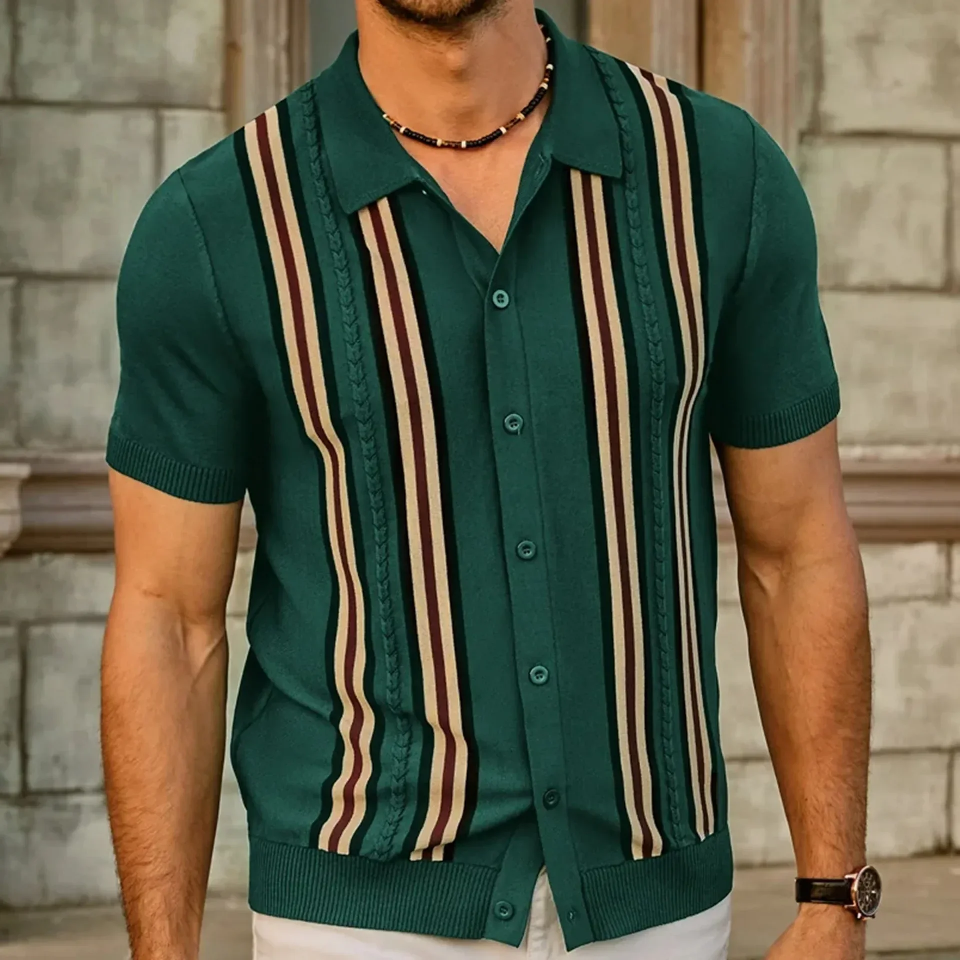 Mens Top Summer Green Striped Short-sleeved Slim Business Tide Polo Shirt Sweater for Men