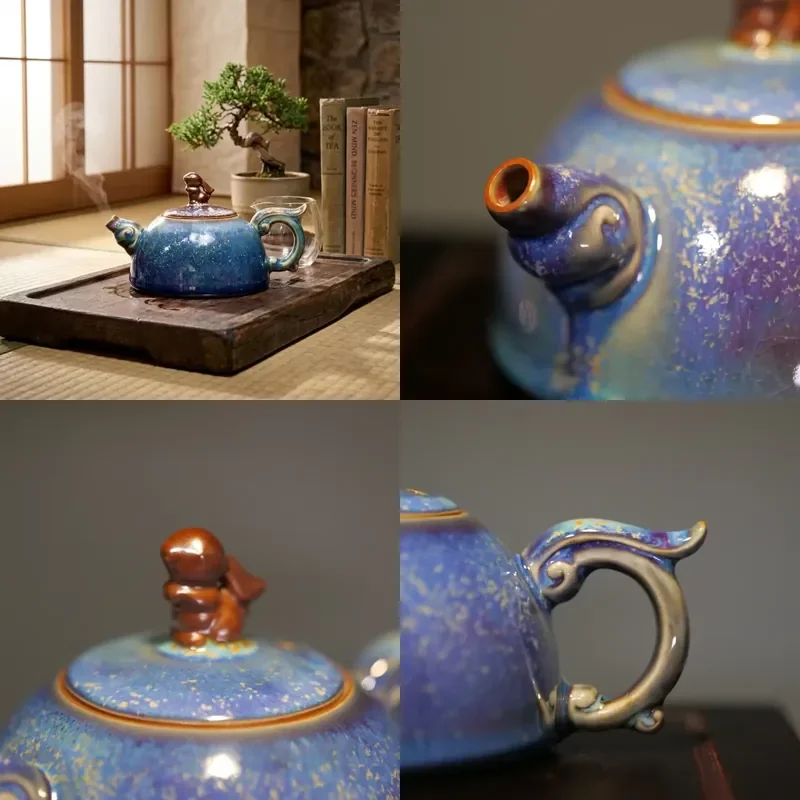 

【CHIMU HOME】 Handcrafted Jun Porcelain Rabbit Teapot for Song Dynasty Style Chinese Intangible Cultural Heritage Artwork Blue