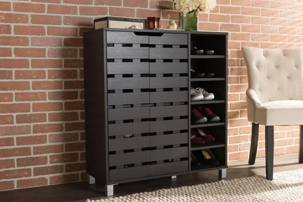 Modern & Contemporary Wood 2-Door Shoe Cabinet with Open Shelves, Dark Brown