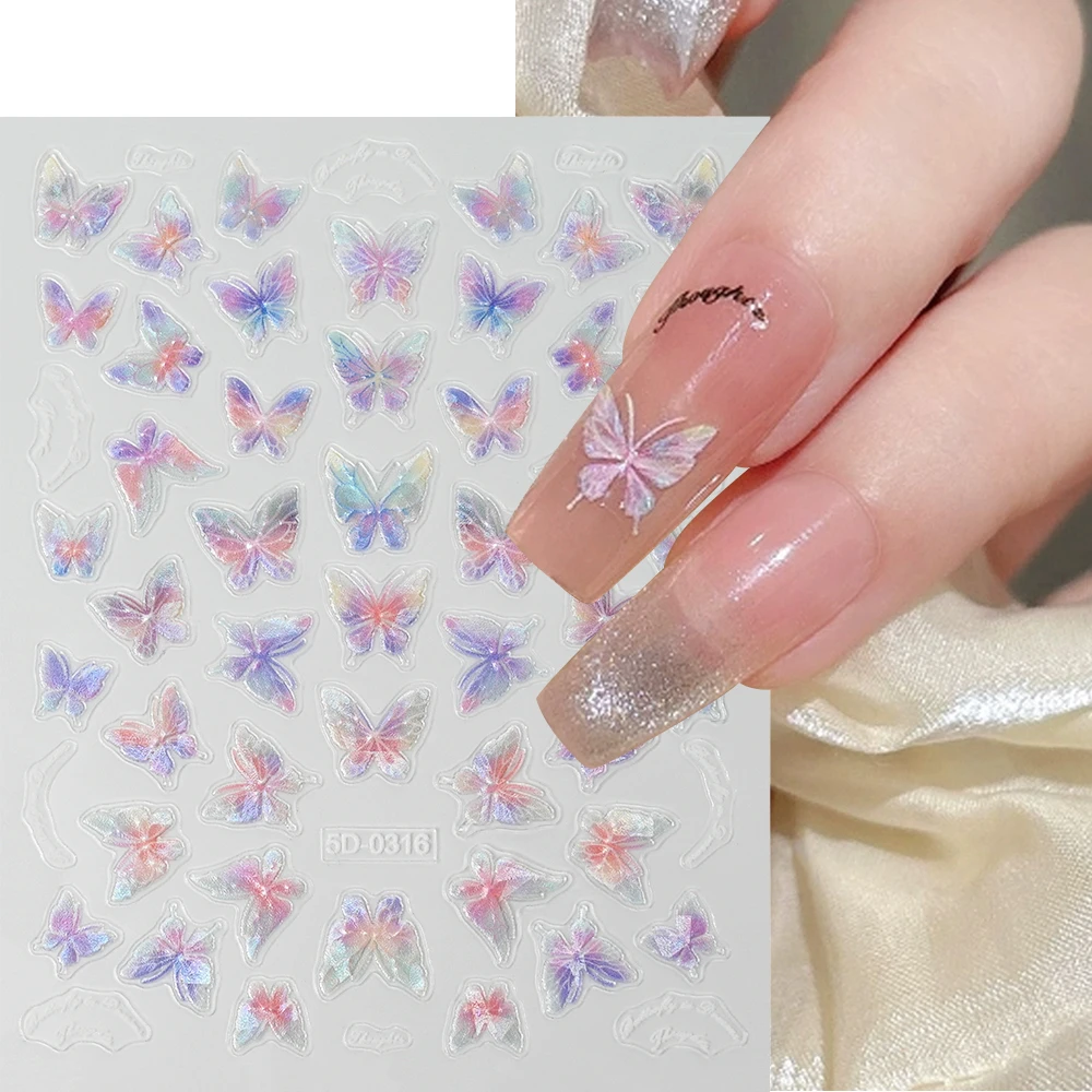1Pc Pink Purple Aurora Shell Butterfly Nail Sticker 5D Embossed Shell Light Butterfly Adhesive Decals DIY Laser Manicure Sliders