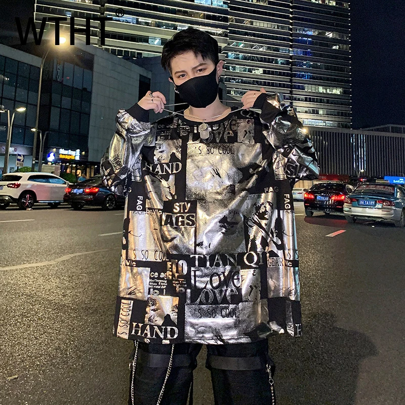 

WTHT Trendy Men's Letter Print Contrast Color Design T-shirts Fashion 2025 Autumn High Street O-neck Pullover Male 2A2458