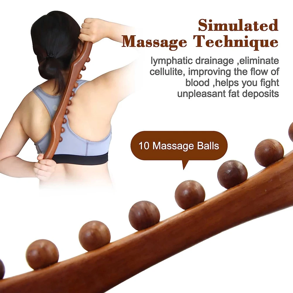 1PC Guasha Wood Stick Tool Wooden Therapy Lymphatic Drainage Massager,Double Row 8 Beads Point Treatment Gua Sha Tools for Back