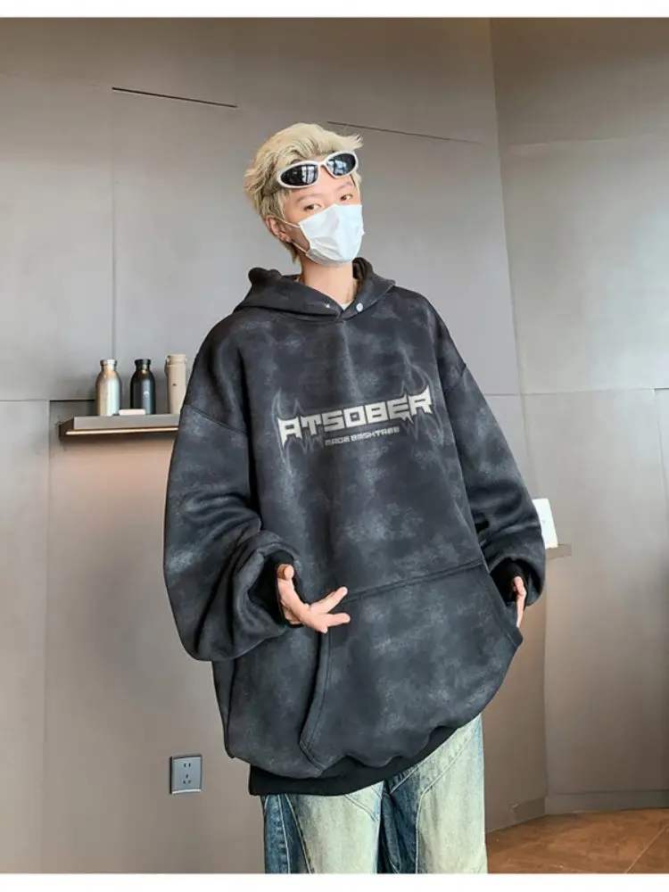 

Мужская толстовка оверсайз из плотного материала, новинка 2024 года, весна-осень, в американском ретро-стиле, окрашенная, спортивная, повседневная, удобная, свободного кроя, толстовка-свитшот.