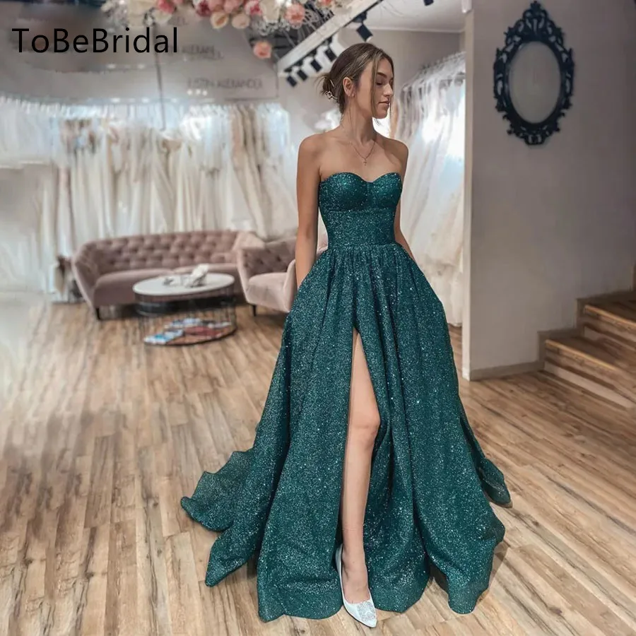 

ToBeBridal Strapless Sparkling Sweetheart Evening Dress A line High Waist Side Split Cocktail Dress Elegant Party Dresses Woman