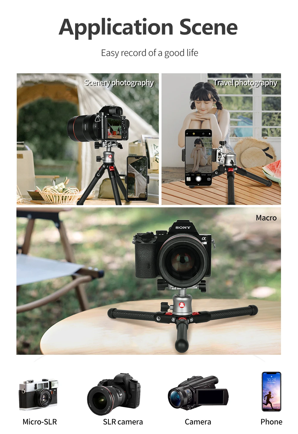 Mini treppiede da tavolo KINGJOY per treppiede compatto per fotocamera 360 °   Vite a testa sferica da 1/4'' a basso profilo per videocamera videocamera telefono