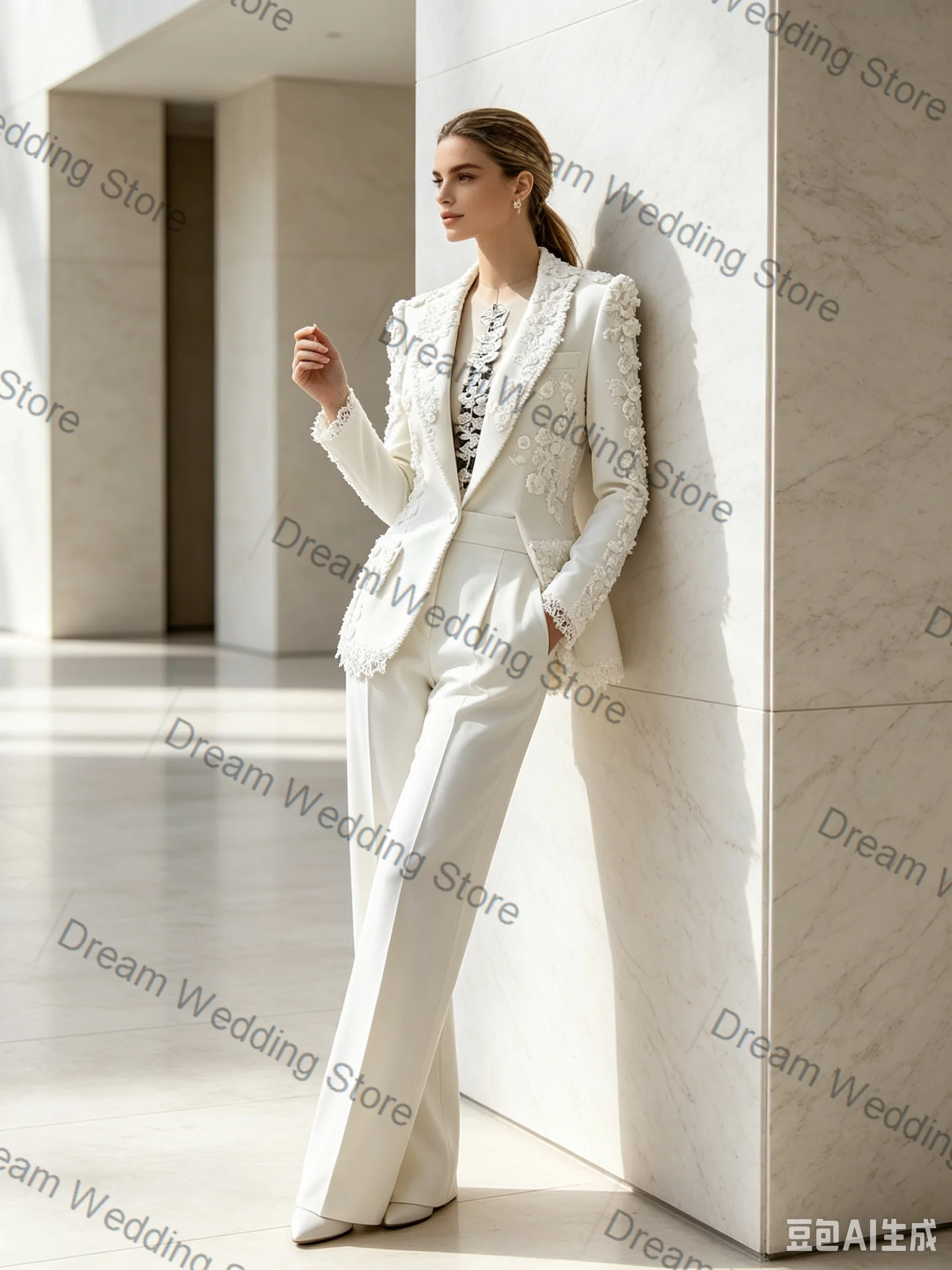 Wedding White Women Suit Set 2 Pcs Blazer+Pants Flower Cotton Autumn Formal Office Lady Jacket Customized Bridal Guest Coat