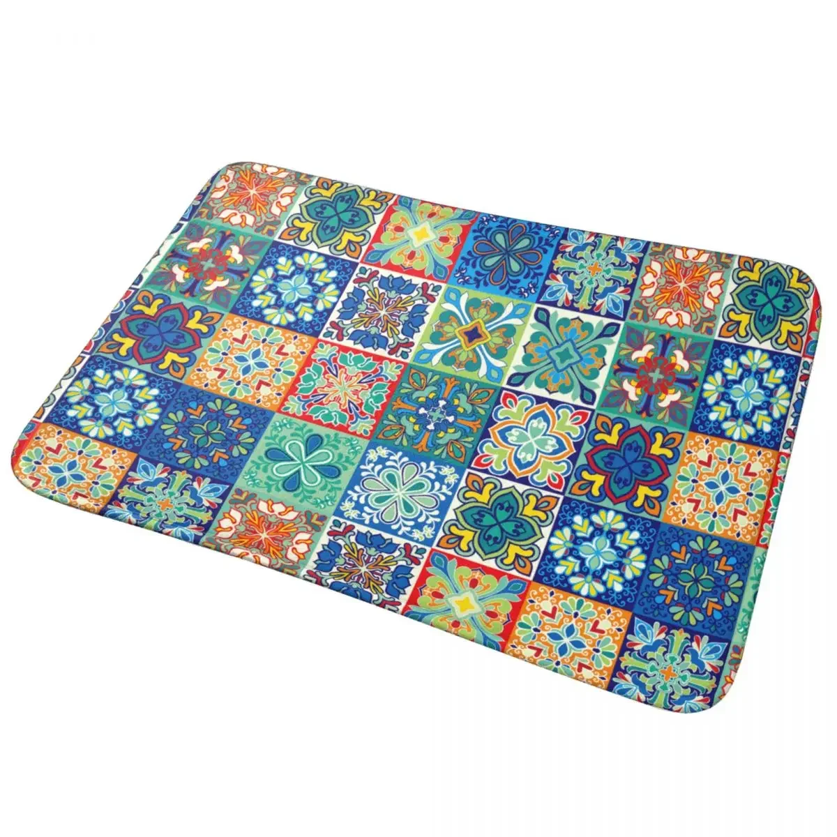 Mediterranean Tile Pattern Bathroom Mat Non Slip Mosaic Floral Flower Doormat Bath Rug Absorbent Soft FloorMats for Floor 60x40