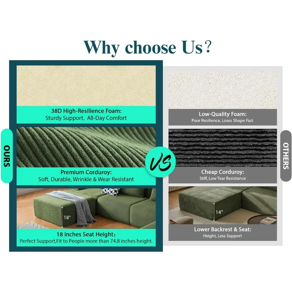 أرائك كبيرة الحجم بدون عظم لغرفة المعيشة، أريكة خضراء على شكل حرف V مكونة من 7 مقاعد، أريكة مقطعية من القطيفة على شكل سروال قصير