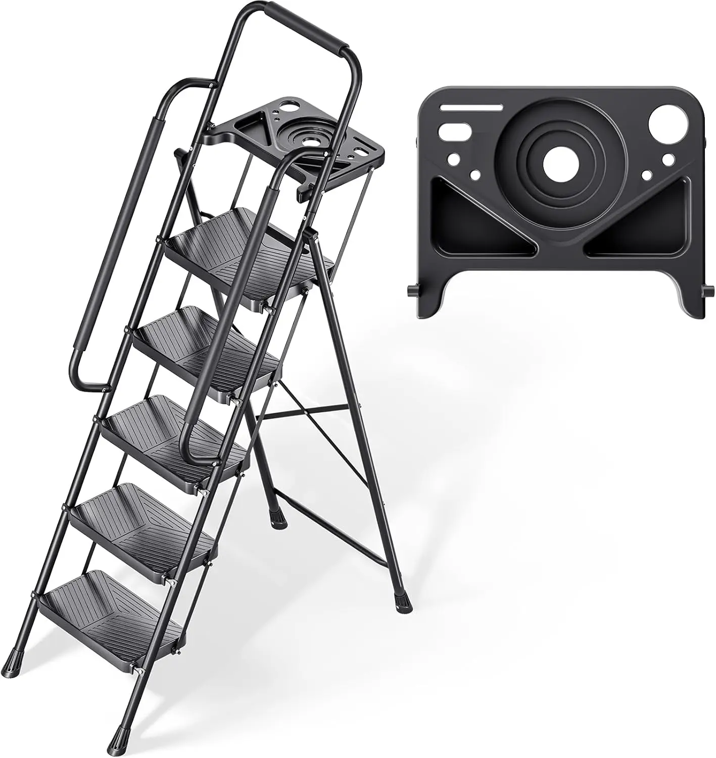 5 Step Ladder, Folding Step Stool with Safe-Lock Design, 500 lbs Sturdy Steel Ladder with Tool Platform, Wide Anti-Slip Pedal, C