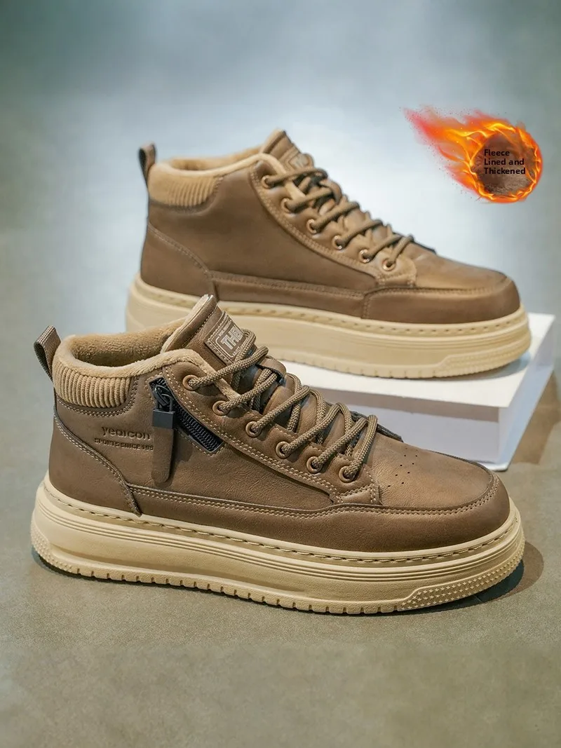 Men's High-Top Boots Winter Anti-Slip Fleece Lined Warm Casual Outdoor Sports Shoes Yellow Leather Boot Versatile Comfortable