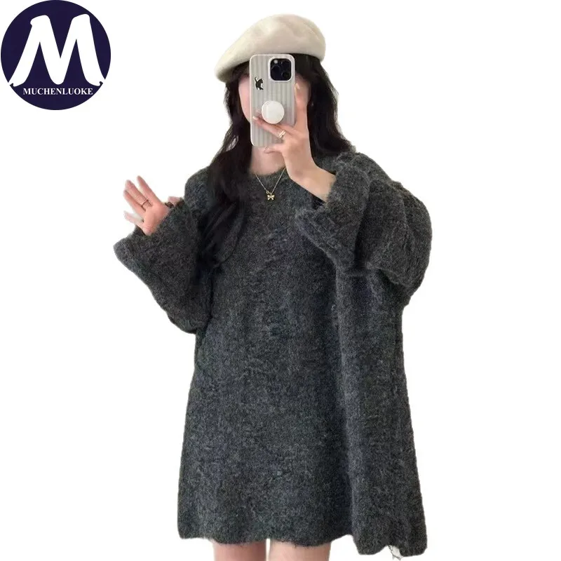 المرأة الخريف الشتاء محبوك سترة طويلة الأكمام س الرقبة كسول نمط عادية فضفاض سميكة الدافئة الكورية سترة الموضة #6