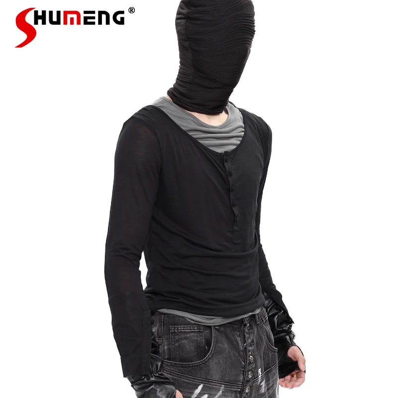 

Men's 2025 Autumn New Tees Faux Two-piece Splicing Fashion Long-sleeve Tops Men's Women's Contrast Color Slim-fitting T-shirts