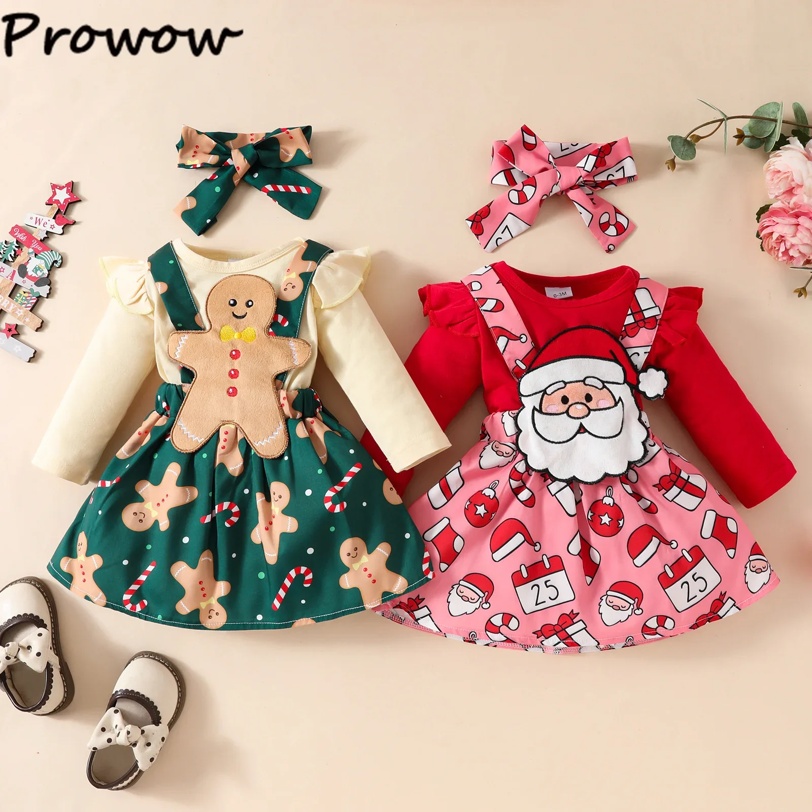 Prowow Baby Girl Christmas Outfits Sets Red Bodysuit Suspender Santa Claus Dress For Girls My First Newborns New Year Costume