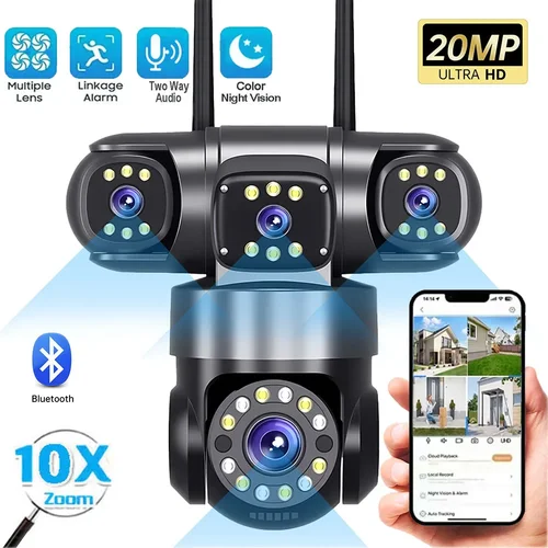 Cámara IP WIFI de 10K y 20MP para exteriores, 4 lentes, 4 pantallas, Zoom 16X, cámaras de videovigilancia inalámbricas CCTV, protección de seguridad de 6K y 12MP