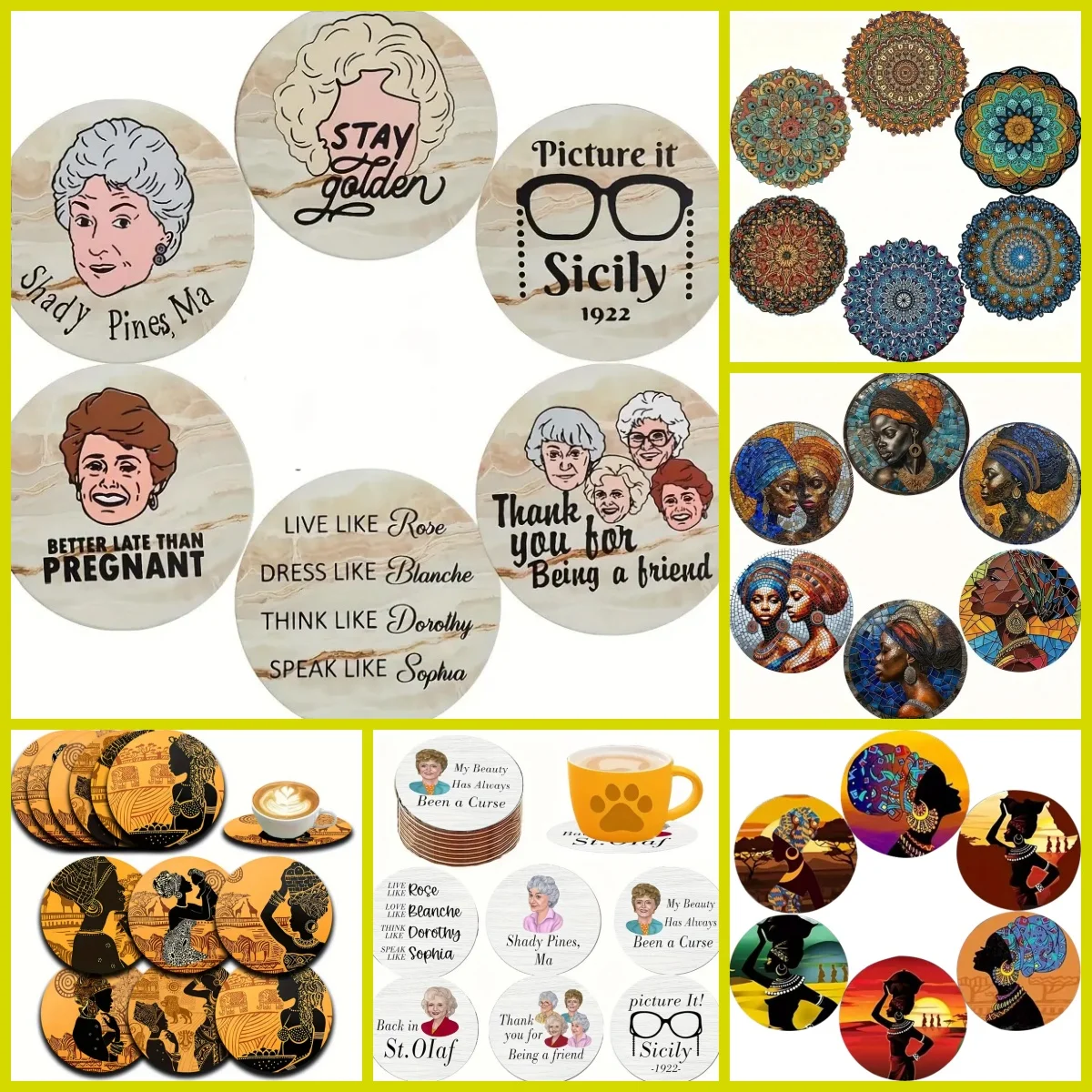 6 round Coasters with cartoon Characters, mandala Pattern, wooden Material, non-slip use on family Desktop, Easter gift
