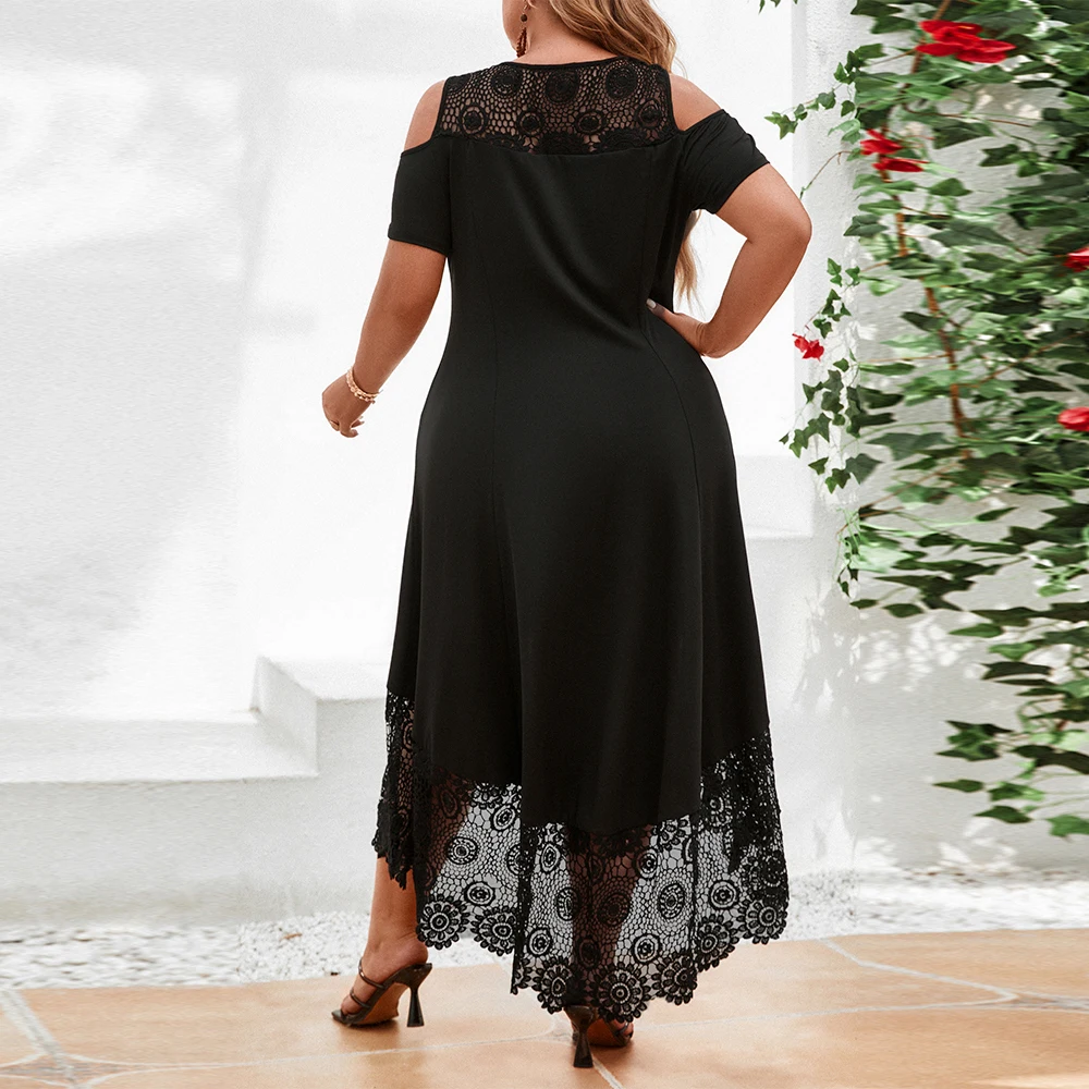 Women Sexy Party Dress Plus Size Solid Fashion Round Neck Lace Panel Short Sleeve Dress Oversized Ladies A-Line Dress Big Size