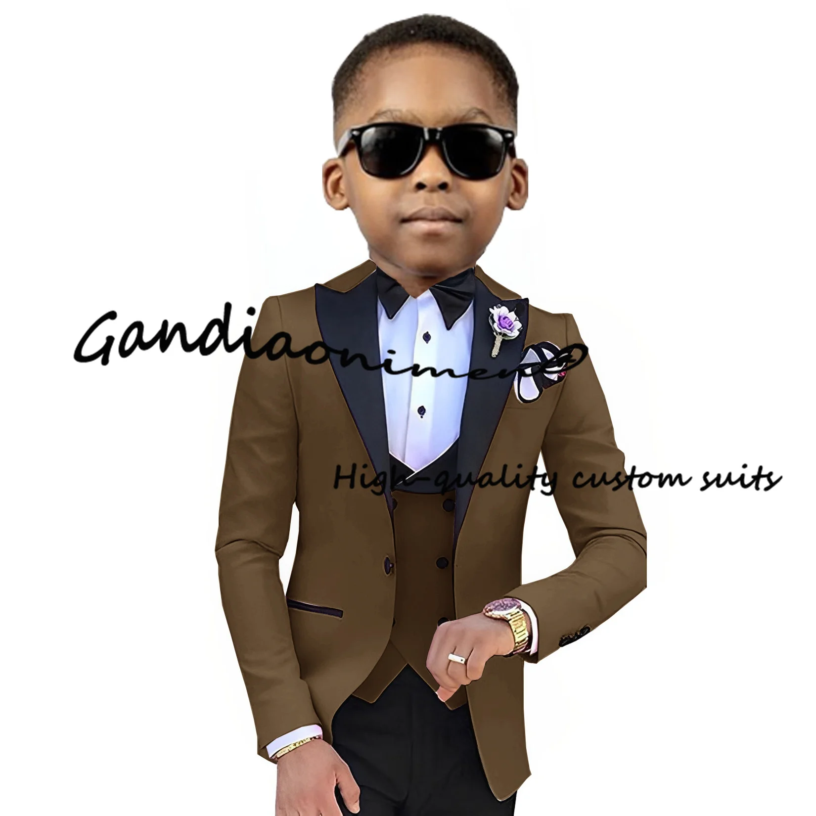 Khaki Boys Suit Jacket Pants Vest Bow Tie Set of 4 Point Lapel Wedding Tuxedo for Kids Formal Party Dress Child