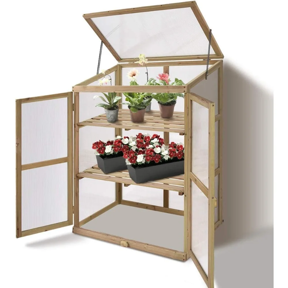 

Happygrill Portable Wood Mini Greenhouse w/Transparent Openable Roof, Double Doors & 3 Tier Shelves, 30" L x 22.5" W x 43" H
