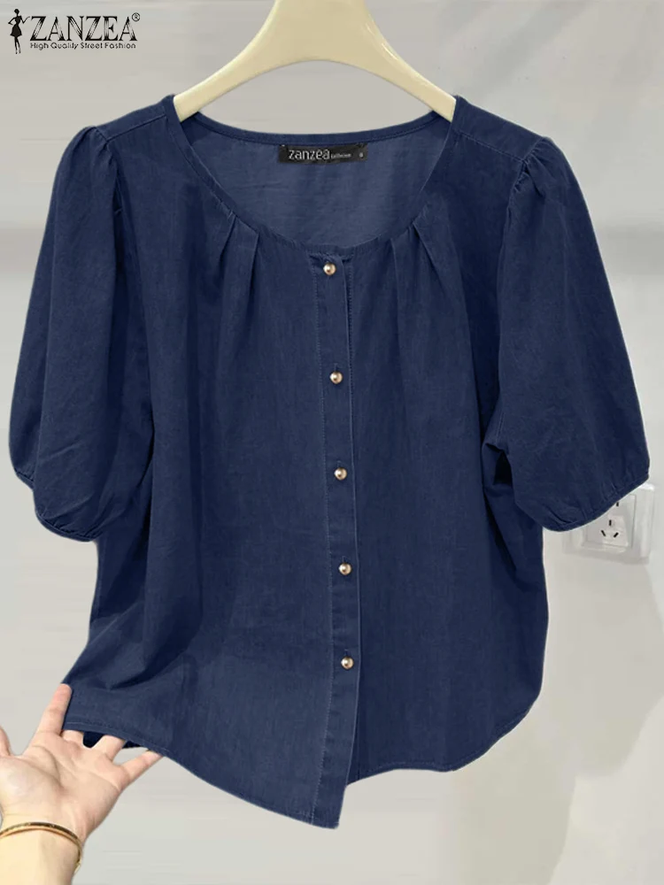 

ZANZEA Summer Vintage Denim Bule Blouse Fashion Solid Shirt Women Elegant Short Sleeve Button Down Blusas Casual OL Work Tops