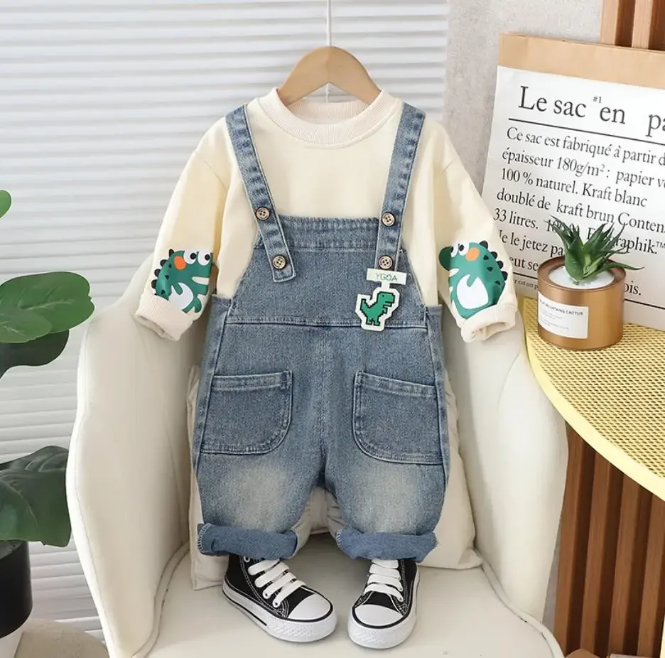 

Infant Baby Clothing Spring Autumn Outfits for Kids Dinosaur Print Long Sleeve T-shirts+Denim Overalls 2Pcs Toddler Boys Sets