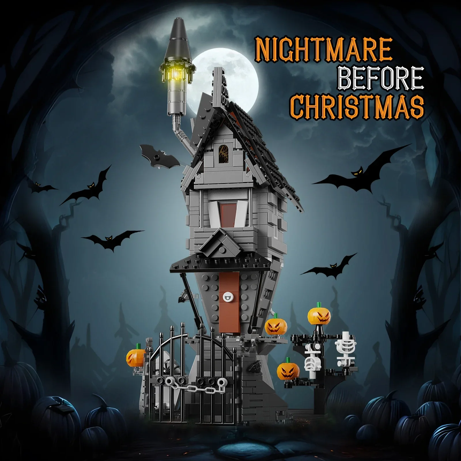 

Nightmare Before Christmas House Building Blocks with Paper Manual Pumpkin Ghost Skeleton Hut Halloween Decorate Children Gifts