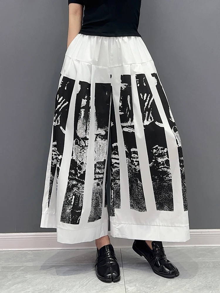 [EAM] High Elastic Waist Black Printed Pleated Long Wide Leg Pants New Trousers Women Fashion Tide Spring Autumn 2024 1DF6290