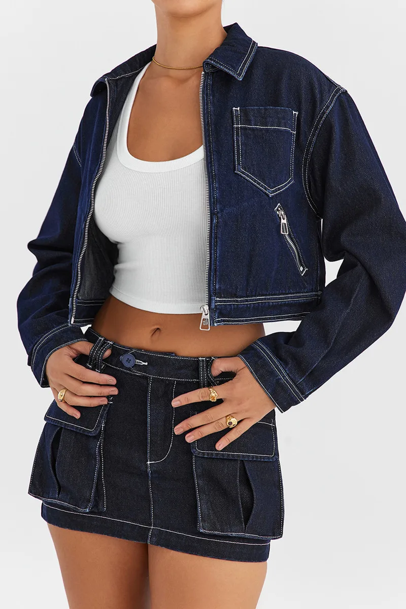 

Women Denim Jackets Turn Down Collar Zippers Coats Cardigan Long Sleeve Outerwear Basics Pockets Washing Solid Slim Fit