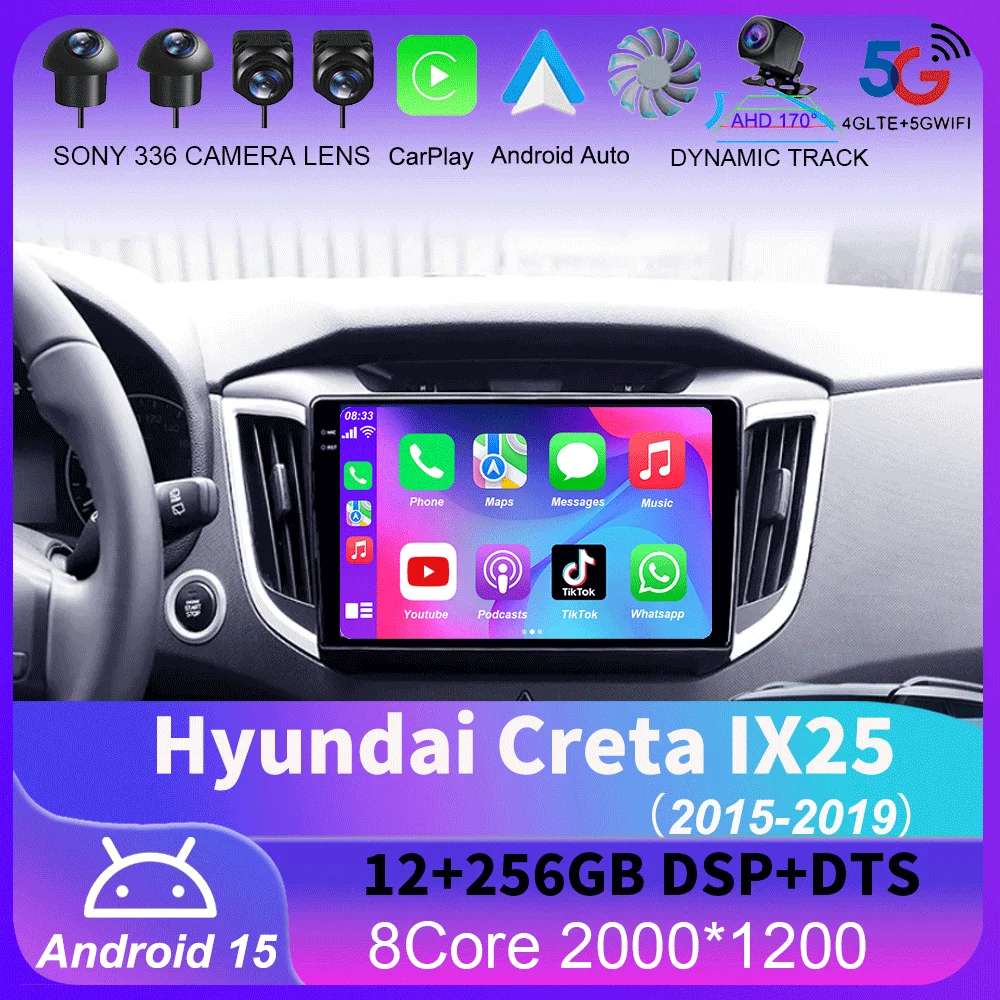 

Android 15 For Hyundai Creta IX25 2015 - 2019 Car Radio Navigation GPS Multimedia Player Stereo WiFi+4G Carplay Auto BT DSP