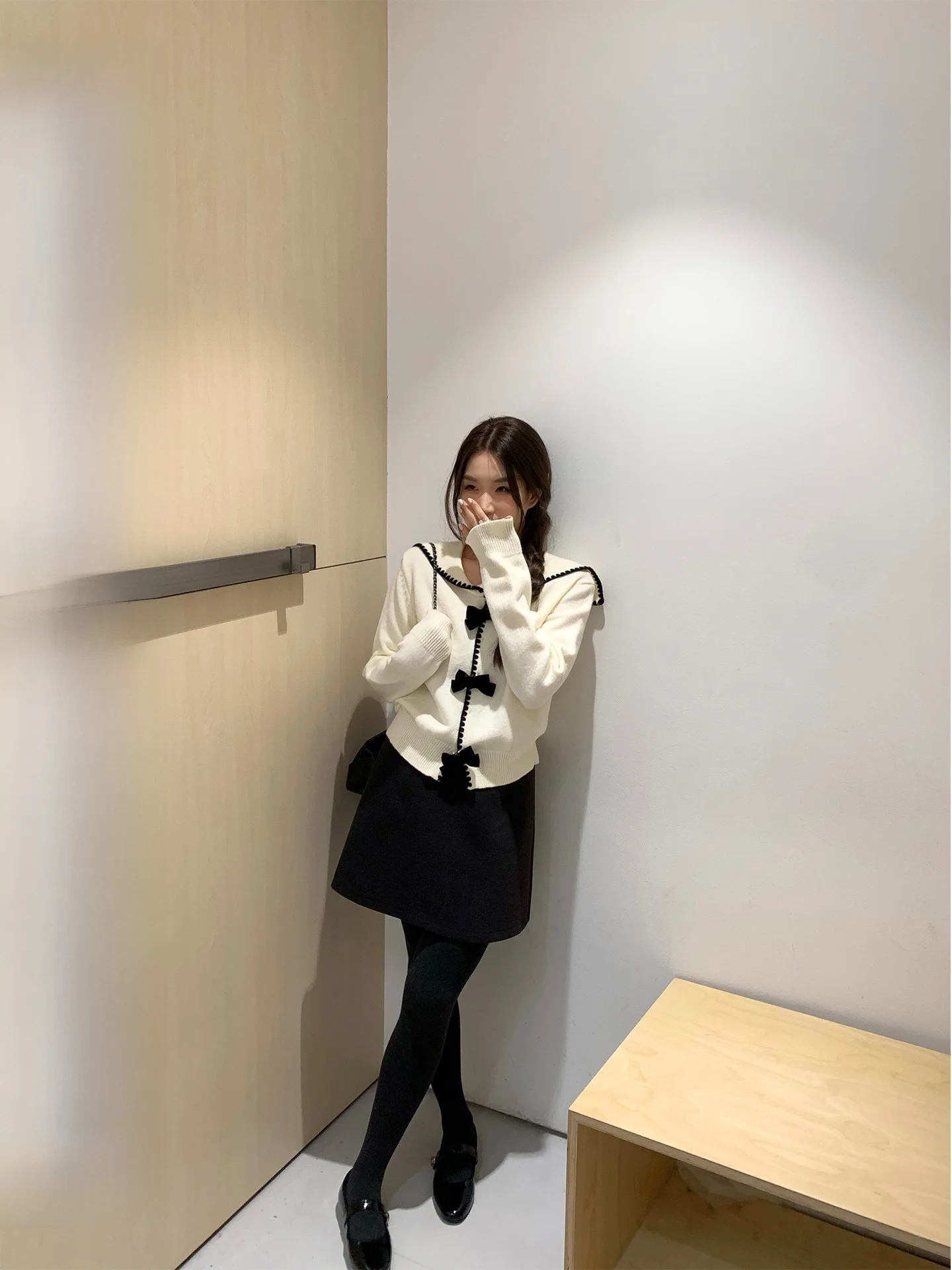 

Sweet Blow Knot Knitted Sweater Women's Navy Collar Open Cardigan White Outerwear Straight Tube Sle Long Sve