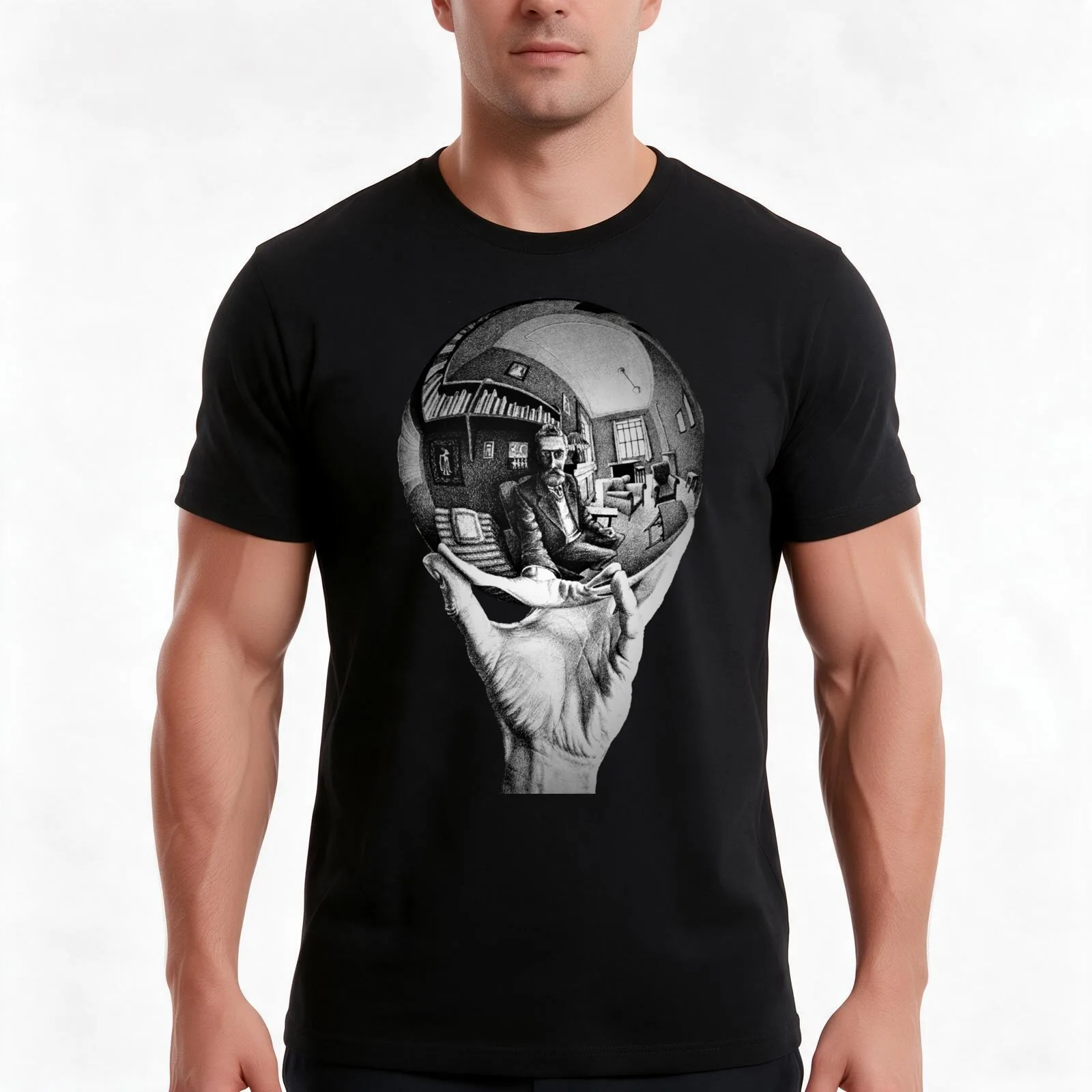 Escher - hand and crystal ball T-Shirt, Summer Casual Cotton Tee, Oversized Streetwear Tops, Vintage Graphic Print, 100% Cotton